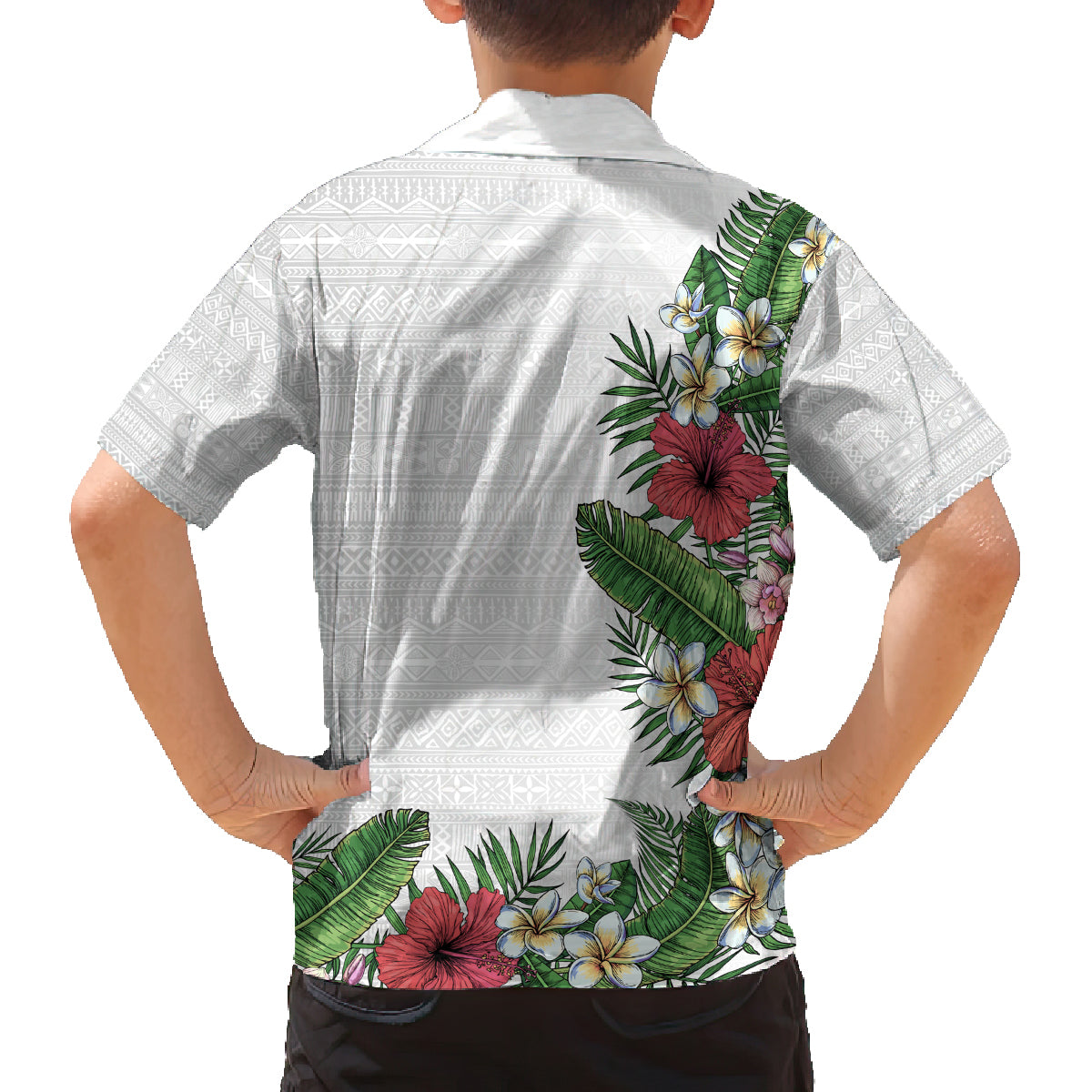 Hawaii Tropical Flowers and Leaves Family Matching Off The Shoulder Long Sleeve Dress and Hawaiian Shirt Tapa Pattern White Mode LT03 - Polynesian Pride