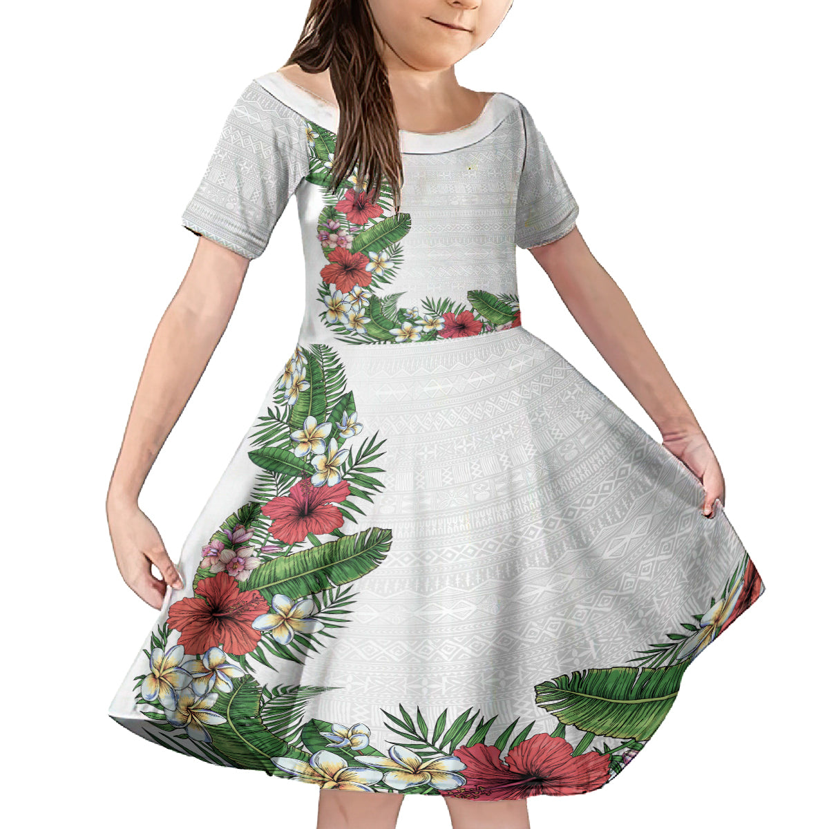 Hawaii Tropical Flowers and Leaves Family Matching Off The Shoulder Long Sleeve Dress and Hawaiian Shirt Tapa Pattern White Mode LT03 Daughter's Dress White - Polynesian Pride