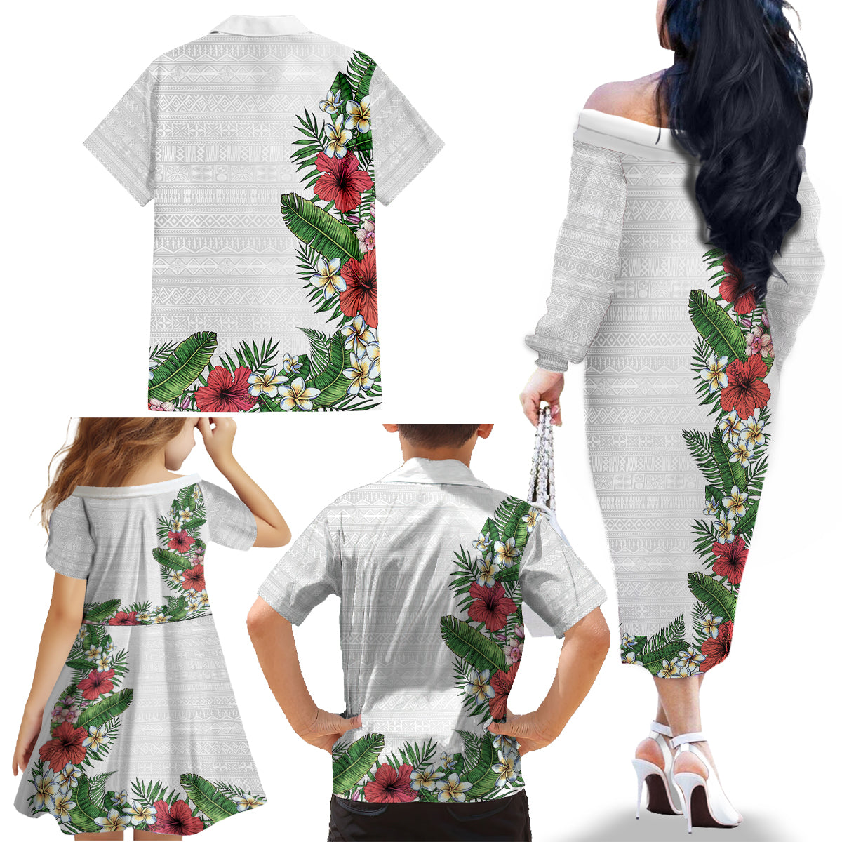 Hawaii Tropical Flowers and Leaves Family Matching Off The Shoulder Long Sleeve Dress and Hawaiian Shirt Tapa Pattern White Mode LT03 - Polynesian Pride