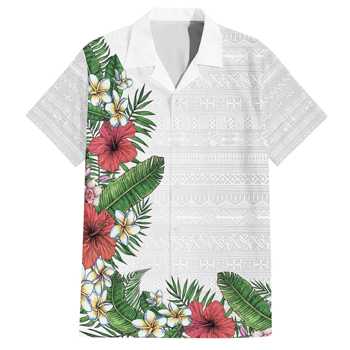 Hawaii Tropical Flowers and Leaves Family Matching Off The Shoulder Long Sleeve Dress and Hawaiian Shirt Tapa Pattern White Mode LT03 Dad's Shirt - Short Sleeve White - Polynesian Pride