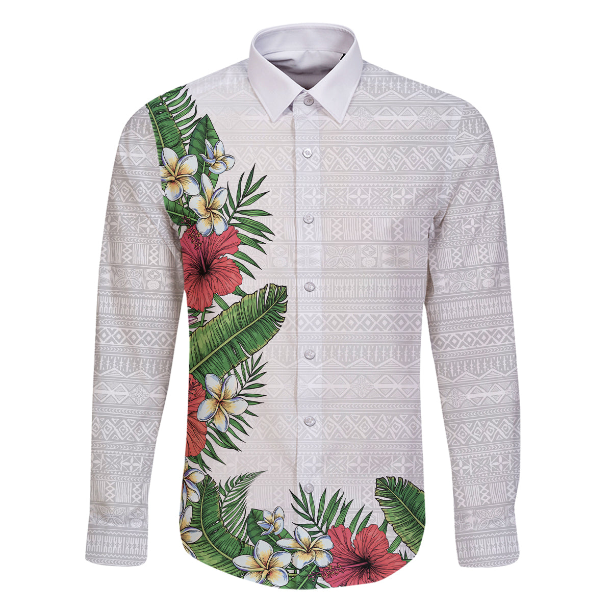 Hawaii Tropical Flowers and Leaves Family Matching Off The Shoulder Long Sleeve Dress and Hawaiian Shirt Tapa Pattern White Mode LT03 Dad's Shirt - Long Sleeve White - Polynesian Pride