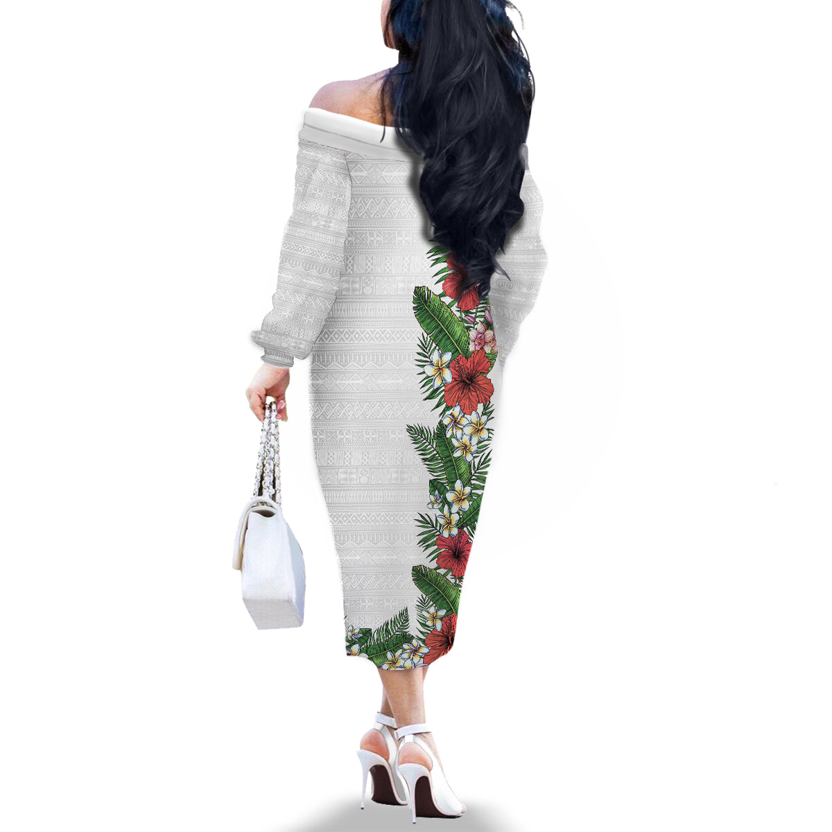 Hawaii Tropical Flowers and Leaves Family Matching Off The Shoulder Long Sleeve Dress and Hawaiian Shirt Tapa Pattern White Mode LT03 - Polynesian Pride