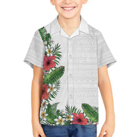 Hawaii Tropical Flowers and Leaves Family Matching Off The Shoulder Long Sleeve Dress and Hawaiian Shirt Tapa Pattern White Mode LT03 Son's Shirt White - Polynesian Pride