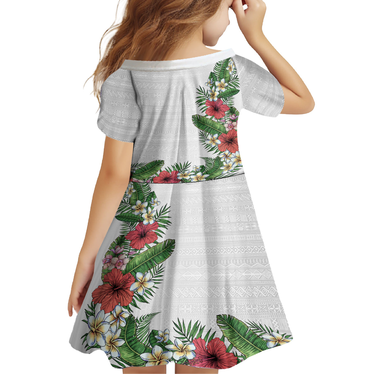 Hawaii Tropical Flowers and Leaves Family Matching Summer Maxi Dress and Hawaiian Shirt Tapa Pattern White Mode