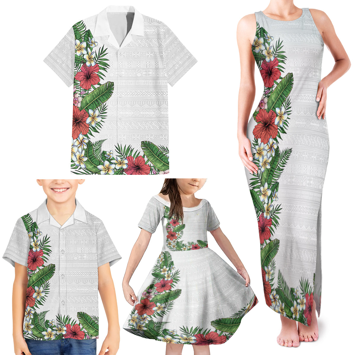 Hawaii Tropical Flowers and Leaves Family Matching Tank Maxi Dress and Hawaiian Shirt Tapa Pattern White Mode