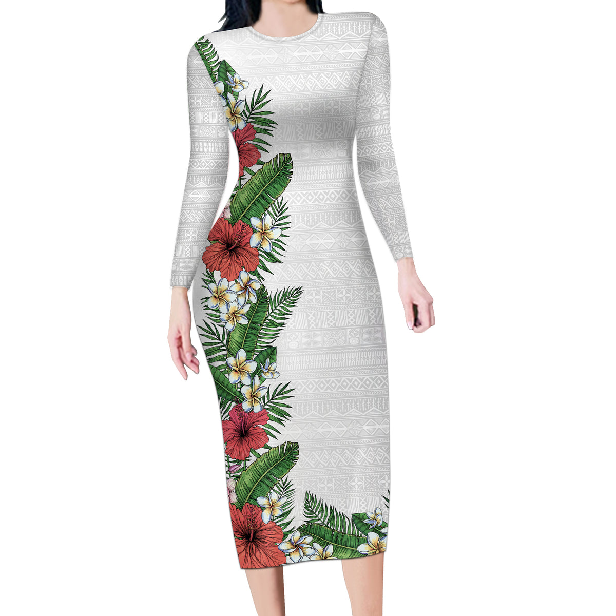 Hawaii Tropical Flowers and Leaves Long Sleeve Bodycon Dress Tapa Pattern White Mode