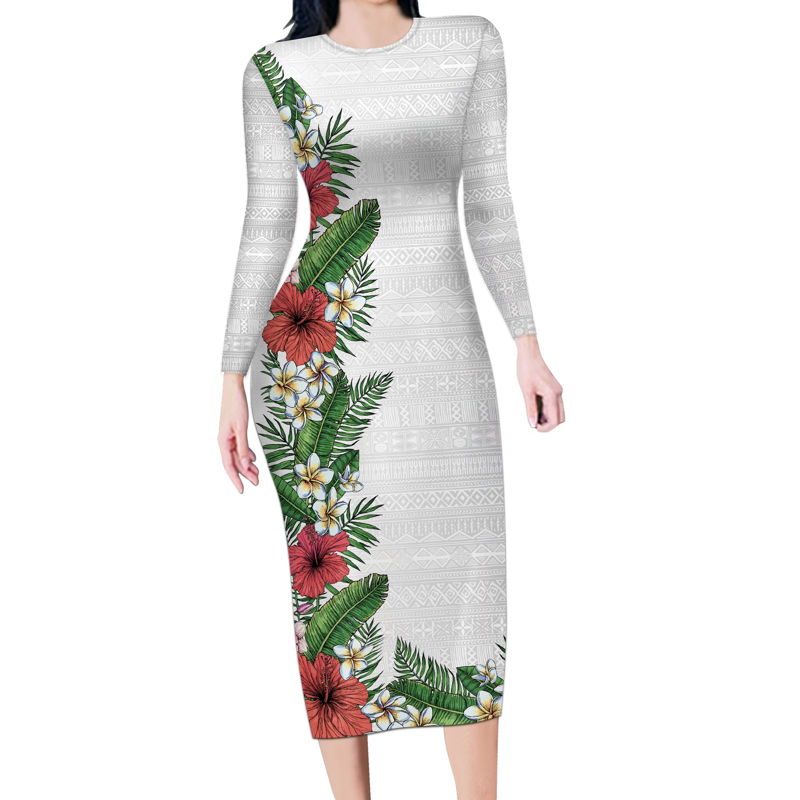 Hawaii Tropical Flowers and Leaves Long Sleeve Bodycon Dress Tapa Pattern White Mode