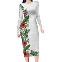 Hawaii Tropical Flowers and Leaves Long Sleeve Bodycon Dress Tapa Pattern White Mode