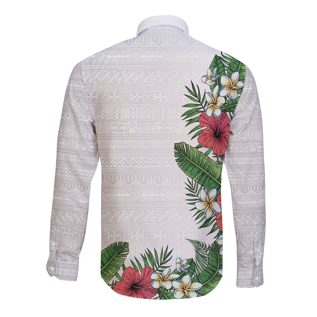 Hawaii Tropical Flowers and Leaves Long Sleeve Button Shirt Tapa Pattern White Mode