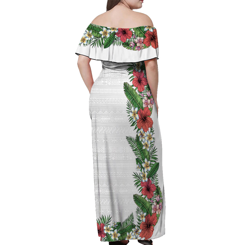 Hawaii Tropical Flowers and Leaves Off Shoulder Maxi Dress Tapa Pattern White Mode
