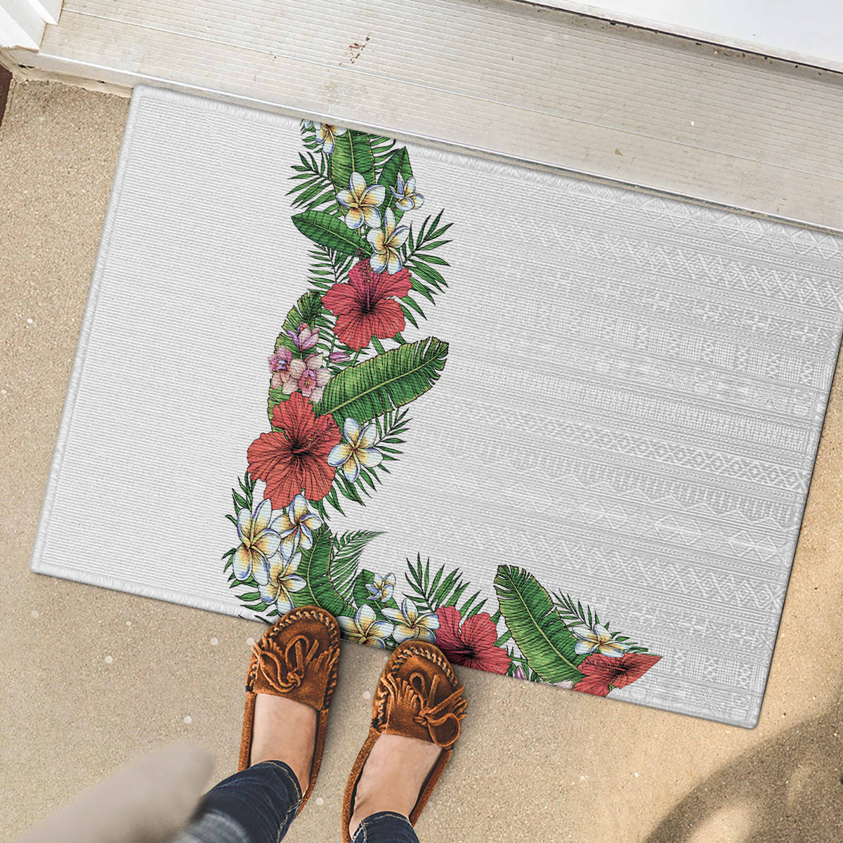 Hawaii Tropical Flowers and Leaves Rubber Doormat Tapa Pattern White Mode