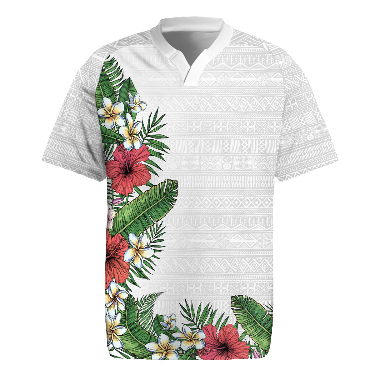Hawaii Tropical Flowers and Leaves Rugby Jersey Tapa Pattern White Mode