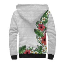 Hawaii Tropical Flowers and Leaves Sherpa Hoodie Tapa Pattern White Mode
