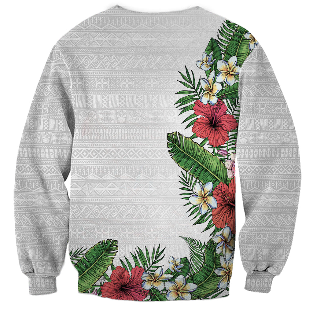 Hawaii Tropical Flowers and Leaves Sweatshirt Tapa Pattern White Mode