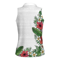 Hawaii Tropical Flowers and Leaves Women Sleeveless Polo Shirt Tapa Pattern White Mode
