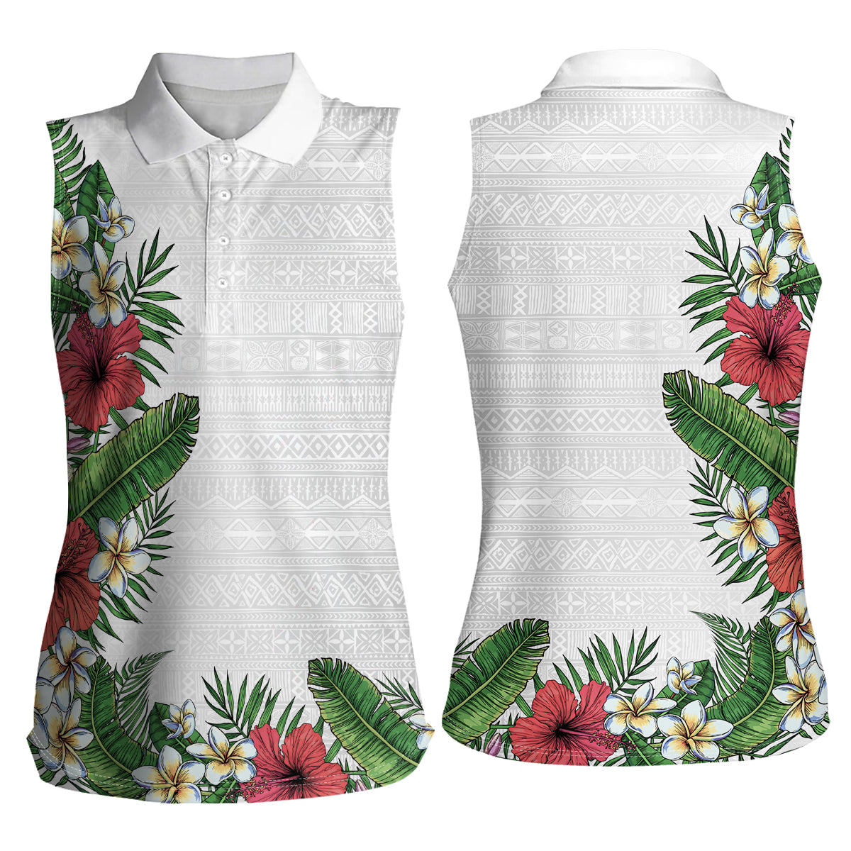Hawaii Tropical Flowers and Leaves Women Sleeveless Polo Shirt Tapa Pattern White Mode