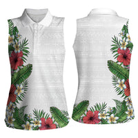 Hawaii Tropical Flowers and Leaves Women Sleeveless Polo Shirt Tapa Pattern White Mode