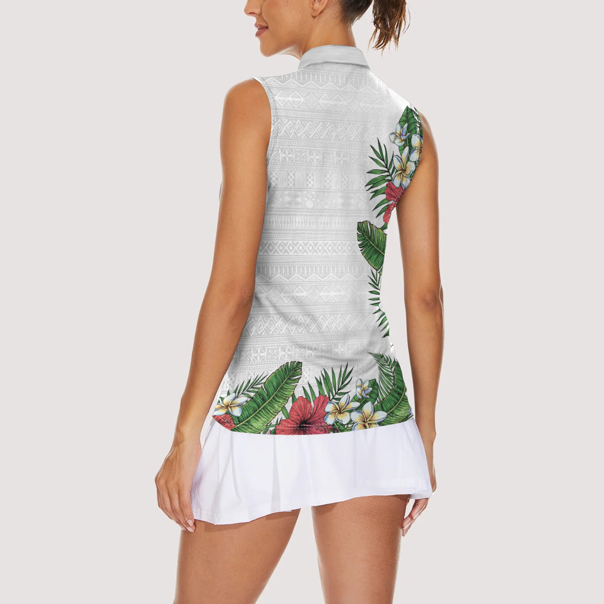 Hawaii Tropical Flowers and Leaves Women Sleeveless Polo Shirt Tapa Pattern White Mode