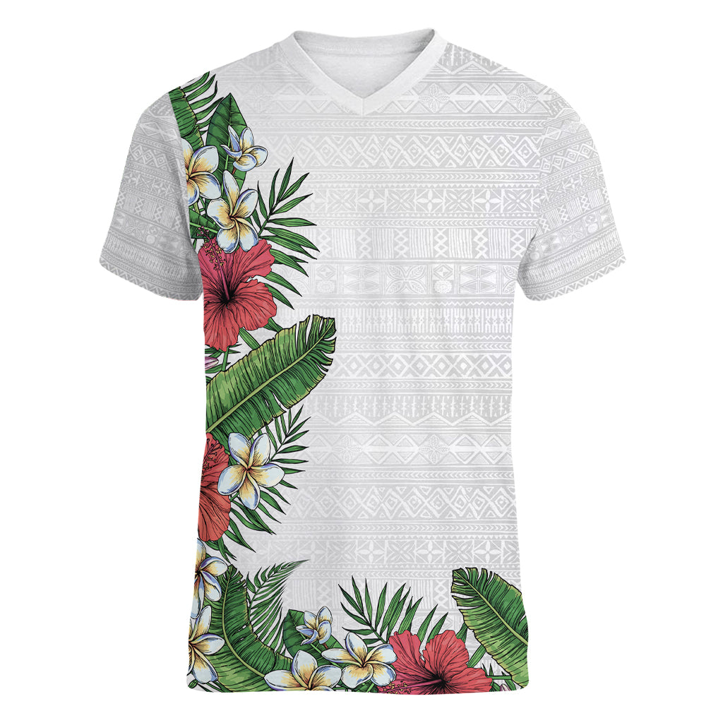 Hawaii Tropical Flowers and Leaves Women V-Neck T-Shirt Tapa Pattern White Mode