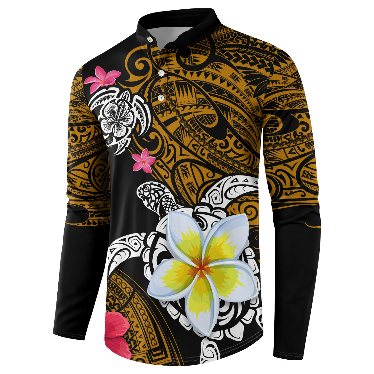 Hawaii Turtle and Tropical Flower Button Sweatshirt Polynesian Pattern