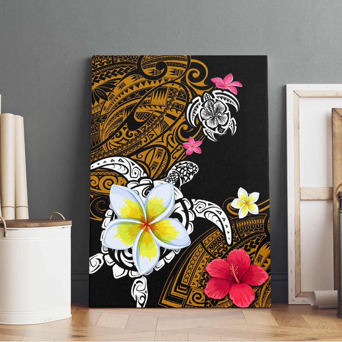 Hawaii Turtle and Tropical Flower Canvas Wall Art Polynesian Pattern