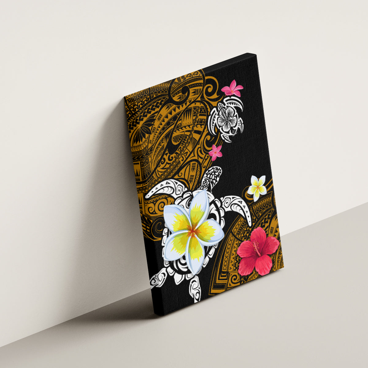 Hawaii Turtle and Tropical Flower Canvas Wall Art Polynesian Pattern