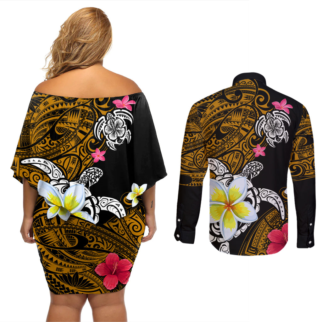 Hawaii Turtle and Tropical Flower Couples Matching Off Shoulder Short Dress and Long Sleeve Button Shirt Polynesian Pattern