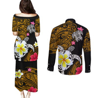 Hawaii Turtle and Tropical Flower Couples Matching Puletasi and Long Sleeve Button Shirt Polynesian Pattern