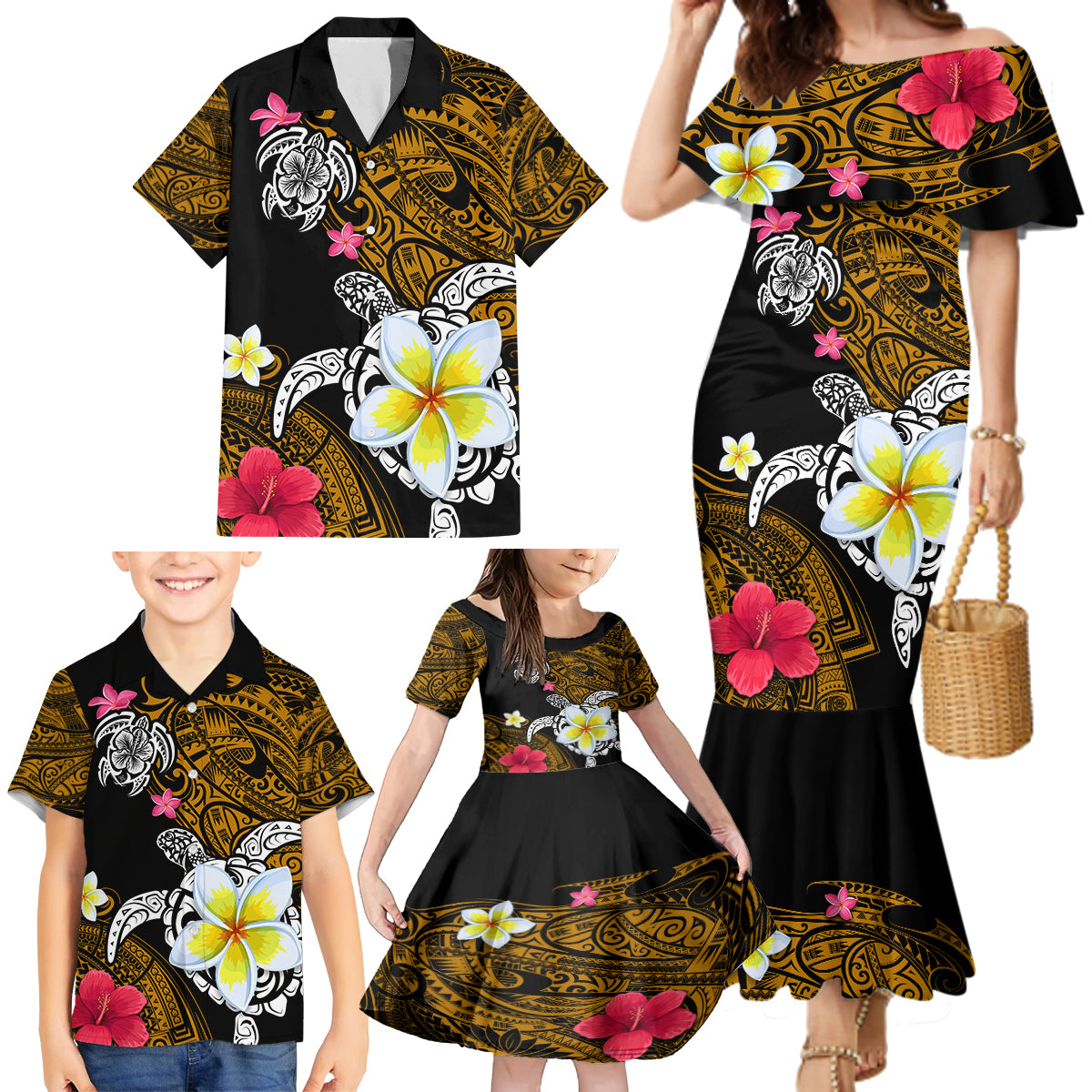 Hawaii Turtle and Tropical Flower Family Matching Mermaid Dress and Hawaiian Shirt Polynesian Pattern