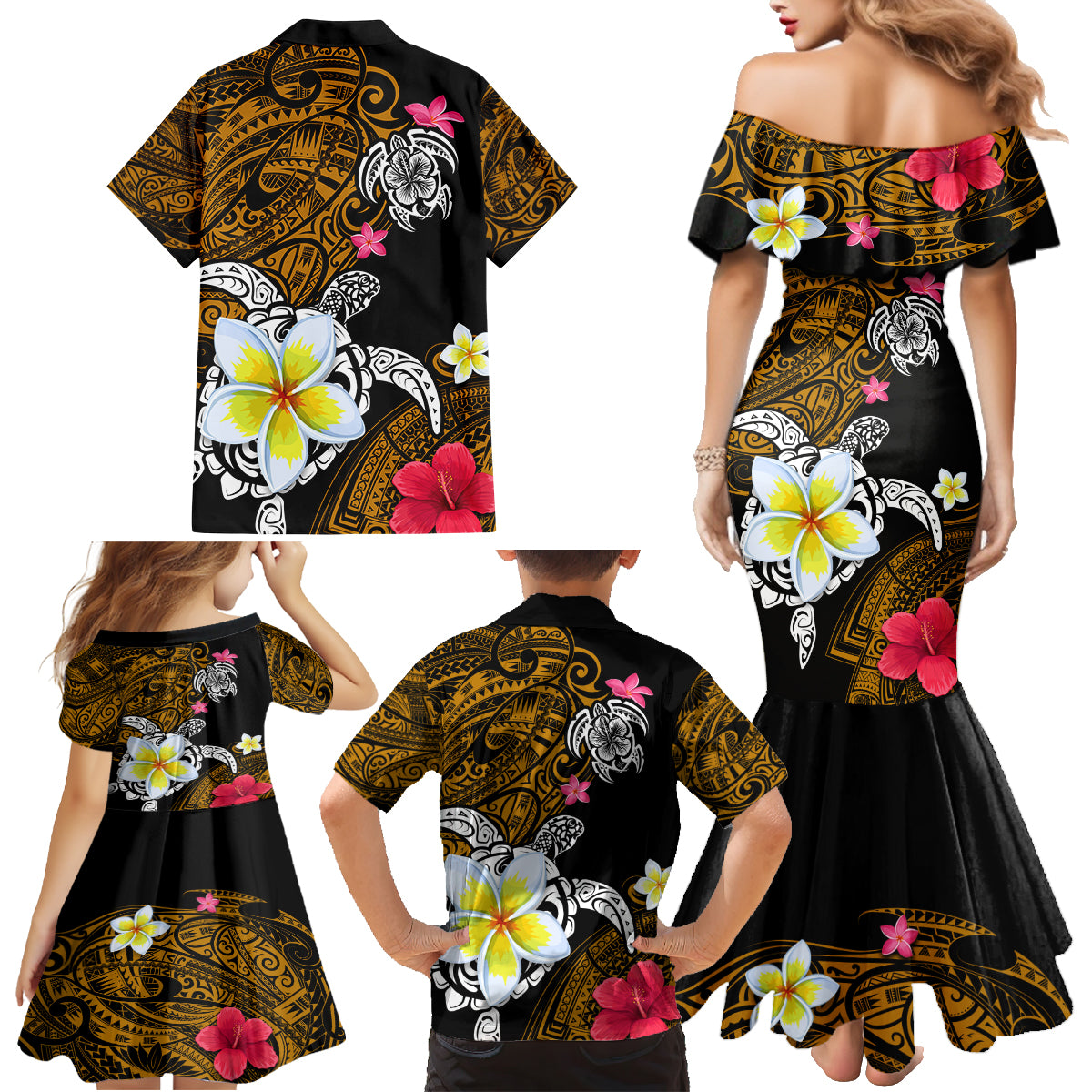 Hawaii Turtle and Tropical Flower Family Matching Mermaid Dress and Hawaiian Shirt Polynesian Pattern