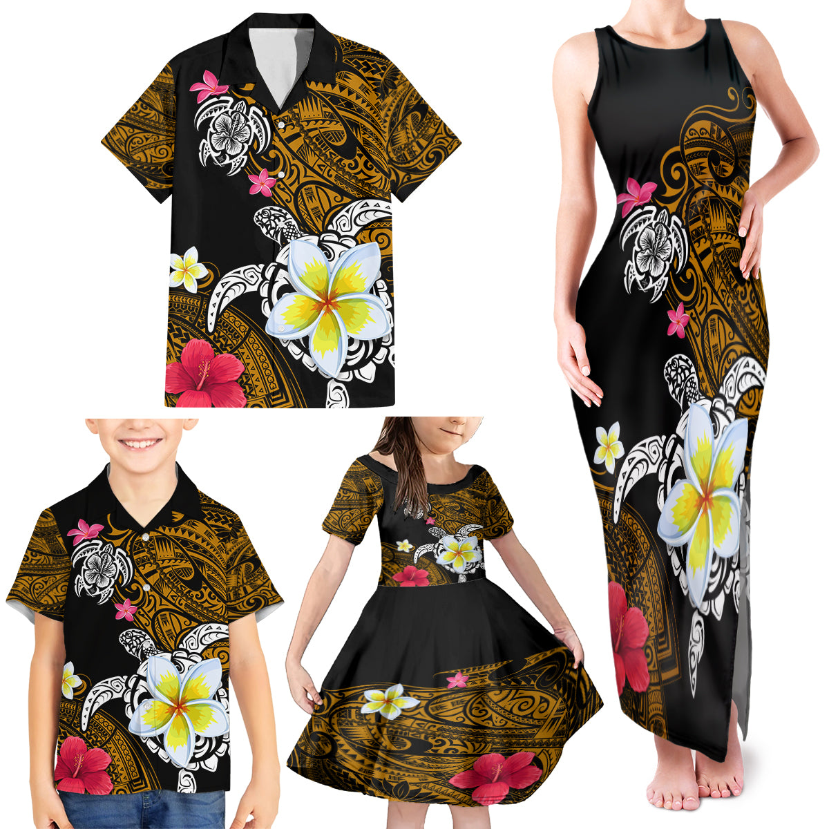 Hawaii Turtle and Tropical Flower Family Matching Tank Maxi Dress and Hawaiian Shirt Polynesian Pattern