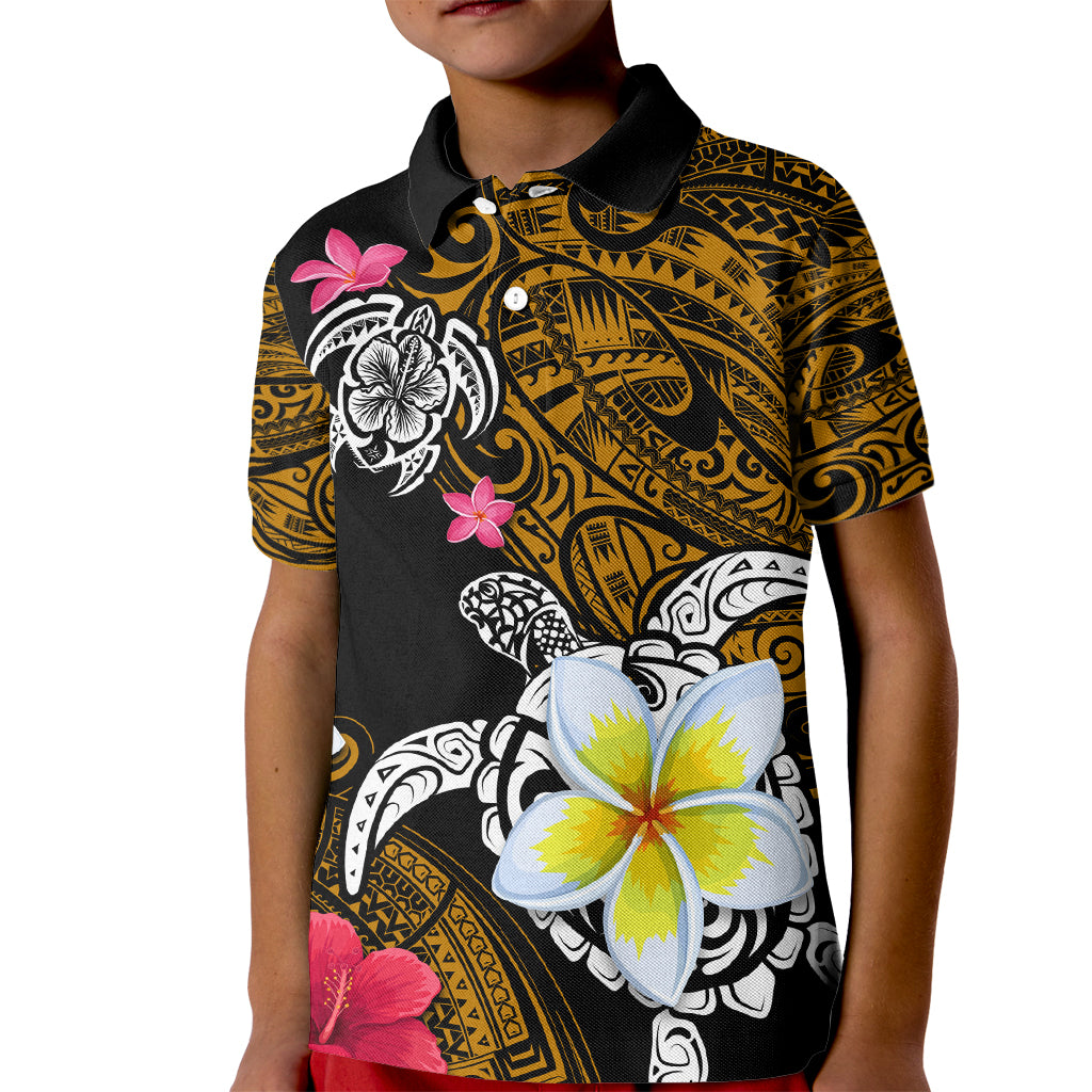 Hawaii Turtle and Tropical Flower Kid Polo Shirt Polynesian Pattern