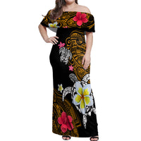 Hawaii Turtle and Tropical Flower Off Shoulder Maxi Dress Polynesian Pattern
