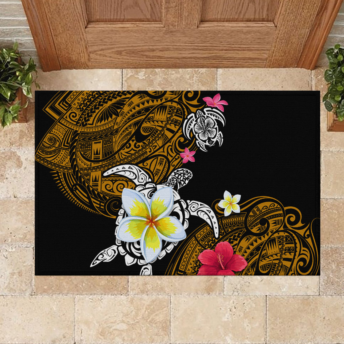 Hawaii Turtle and Tropical Flower Rubber Doormat Polynesian Pattern