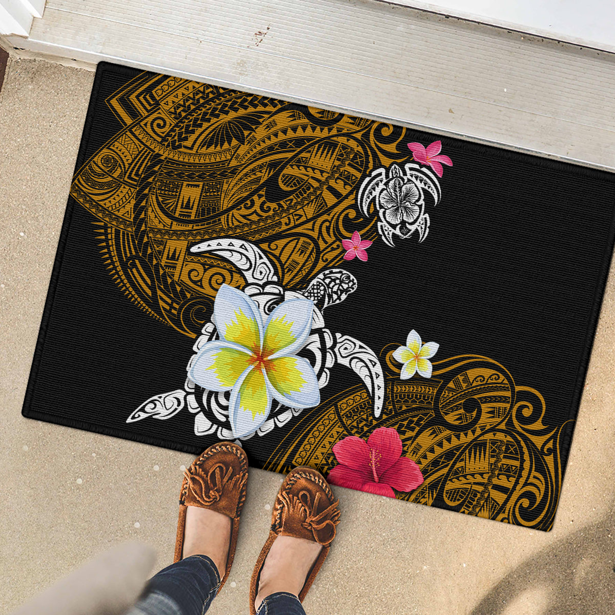 Hawaii Turtle and Tropical Flower Rubber Doormat Polynesian Pattern