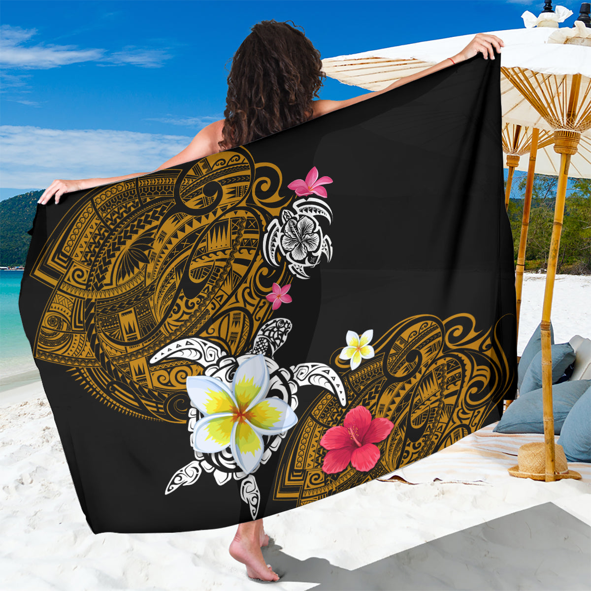 Hawaii Turtle and Tropical Flower Sarong Polynesian Pattern