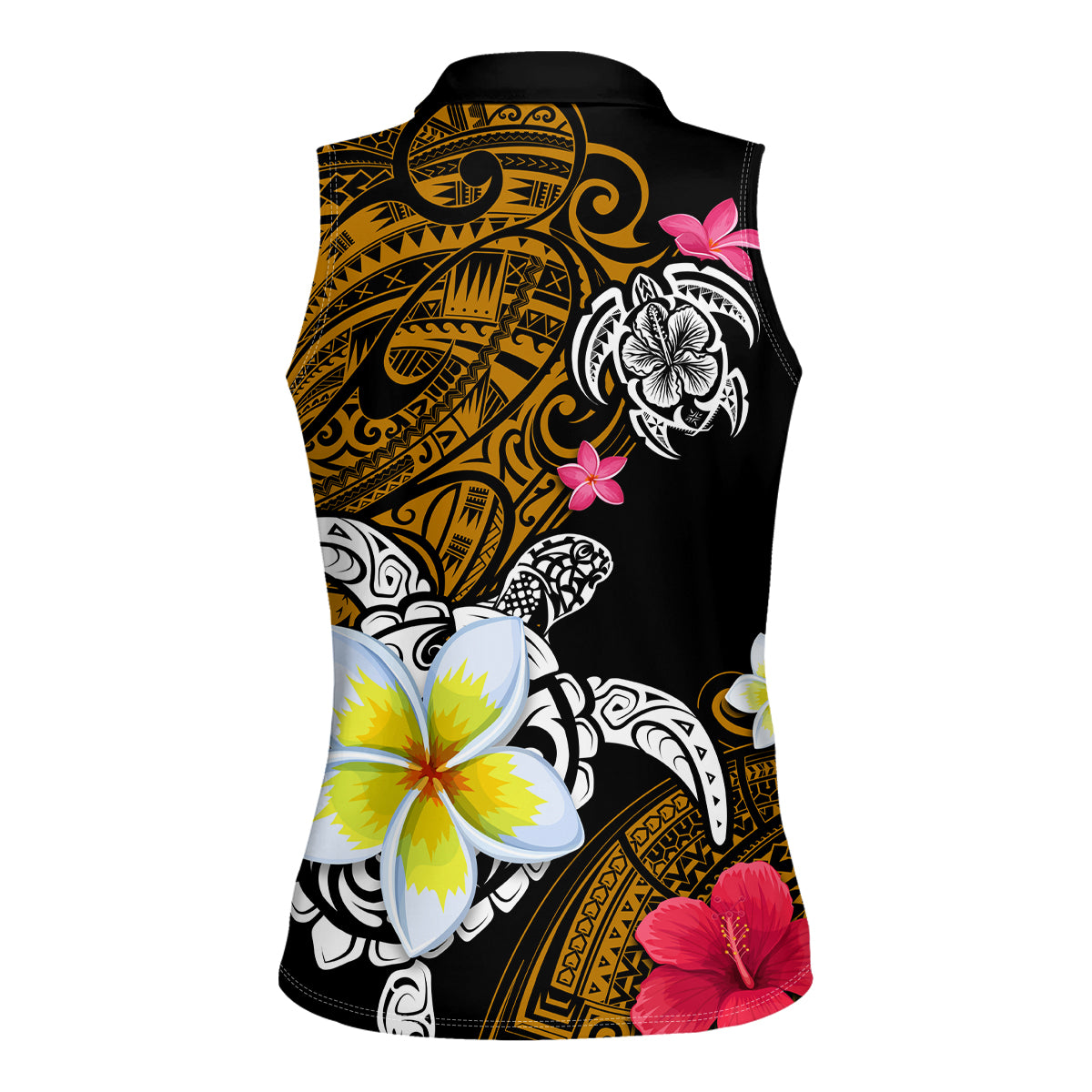 Hawaii Turtle and Tropical Flower Women Sleeveless Polo Shirt Polynesian Pattern