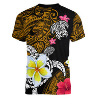 Hawaii Turtle and Tropical Flower Women V-Neck T-Shirt Polynesian Pattern