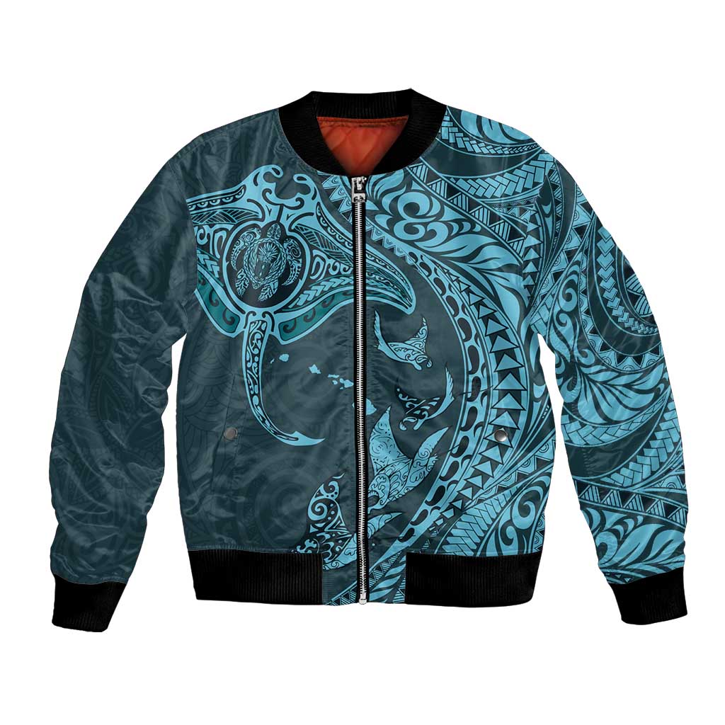 Hawaiian Manta Ray and Polynesian Tribal Tattoo Bomber Jacket Turquoise Color LT03 Unisex Turquoise - Polynesian Pride