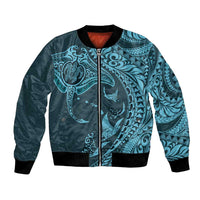 Hawaiian Manta Ray and Polynesian Tribal Tattoo Bomber Jacket Turquoise Color LT03 Unisex Turquoise - Polynesian Pride
