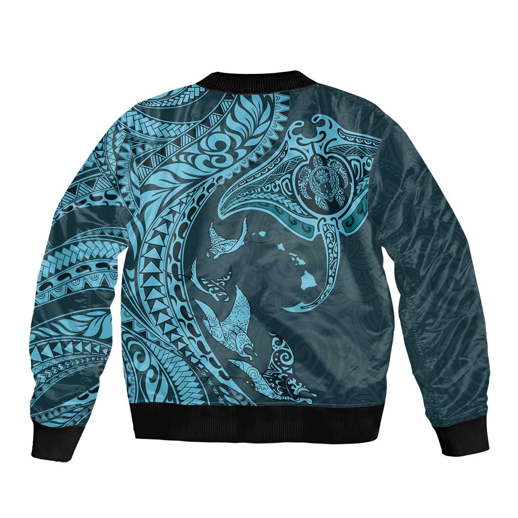 Hawaiian Manta Ray and Polynesian Tribal Tattoo Bomber Jacket Turquoise Color LT03 - Polynesian Pride