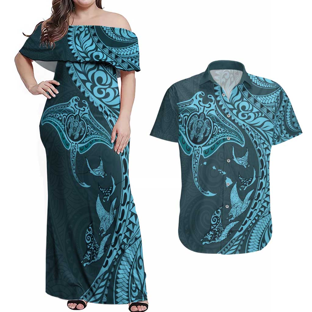 Hawaiian Manta Ray and Polynesian Tribal Tattoo Couples Matching Off Shoulder Maxi Dress and Hawaiian Shirt Turquoise Color LT03 Turquoise - Polynesian Pride