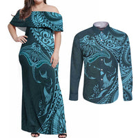 Hawaiian Manta Ray and Polynesian Tribal Tattoo Couples Matching Off Shoulder Maxi Dress and Long Sleeve Button Shirt Turquoise Color LT03