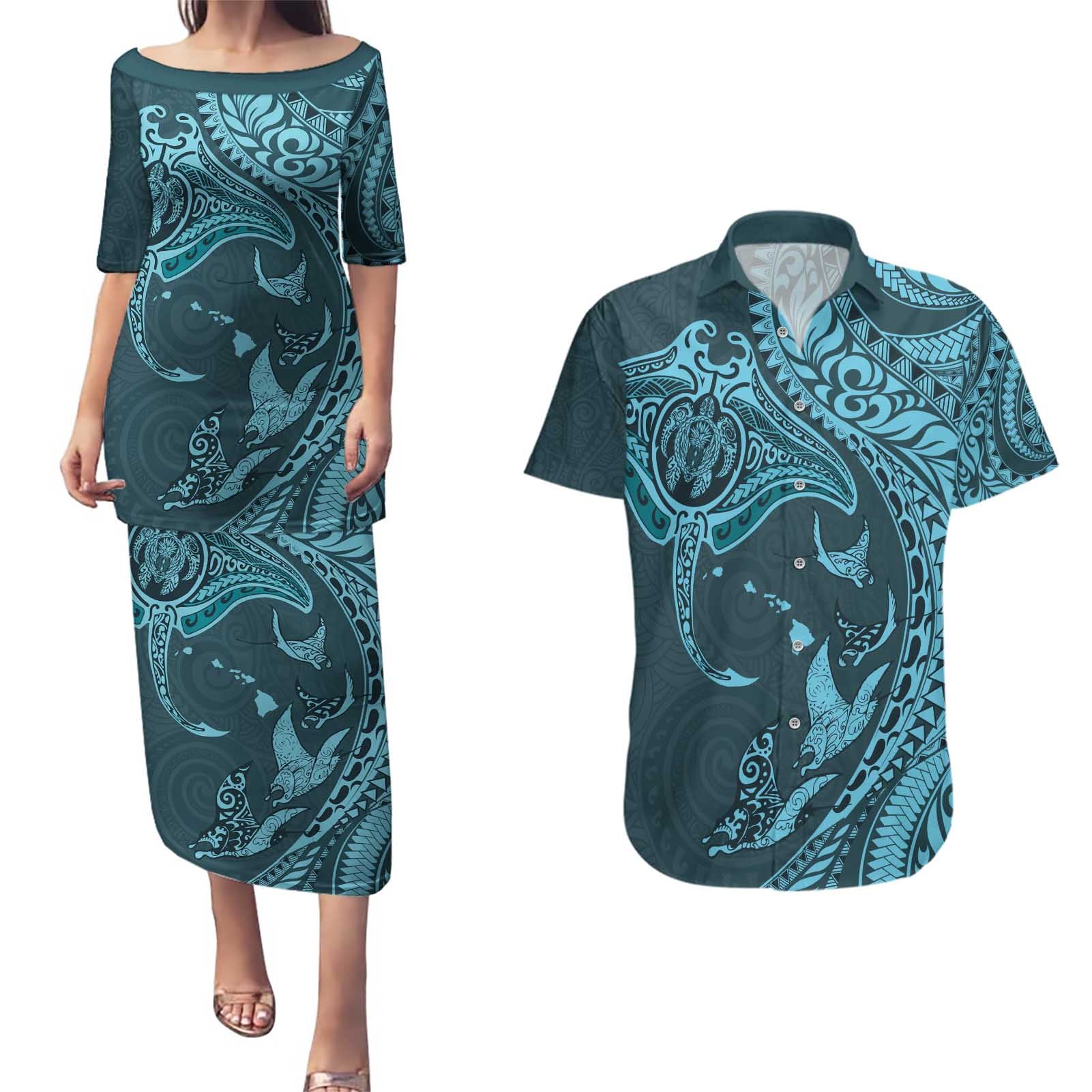 Hawaiian Manta Ray and Polynesian Tribal Tattoo Couples Matching Puletasi and Hawaiian Shirt Turquoise Color LT03