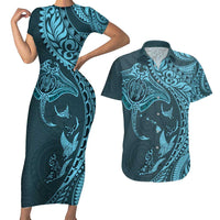 Hawaiian Manta Ray and Polynesian Tribal Tattoo Couples Matching Short Sleeve Bodycon Dress and Hawaiian Shirt Turquoise Color LT03 Turquoise - Polynesian Pride