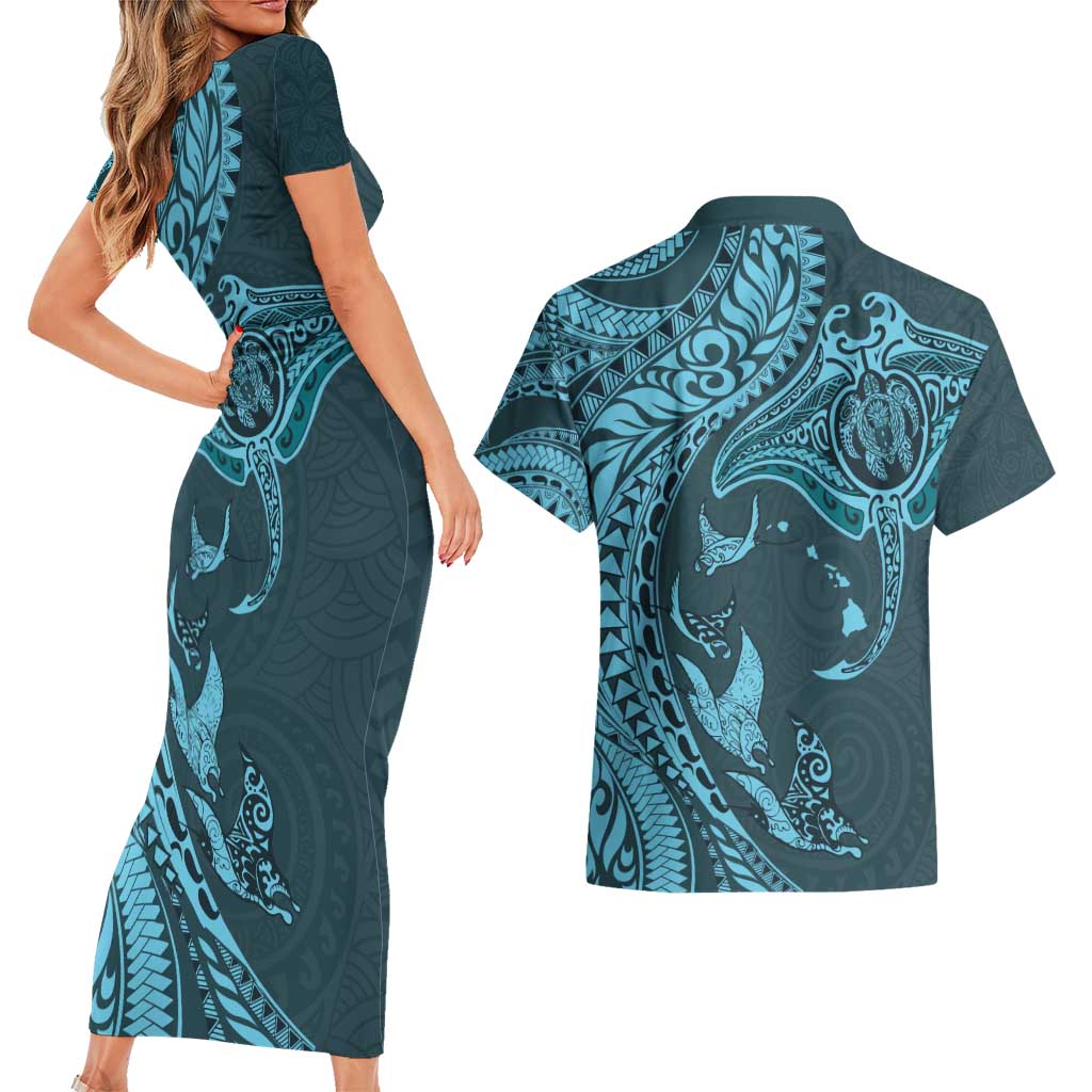 Hawaiian Manta Ray and Polynesian Tribal Tattoo Couples Matching Short Sleeve Bodycon Dress and Hawaiian Shirt Turquoise Color LT03 - Polynesian Pride