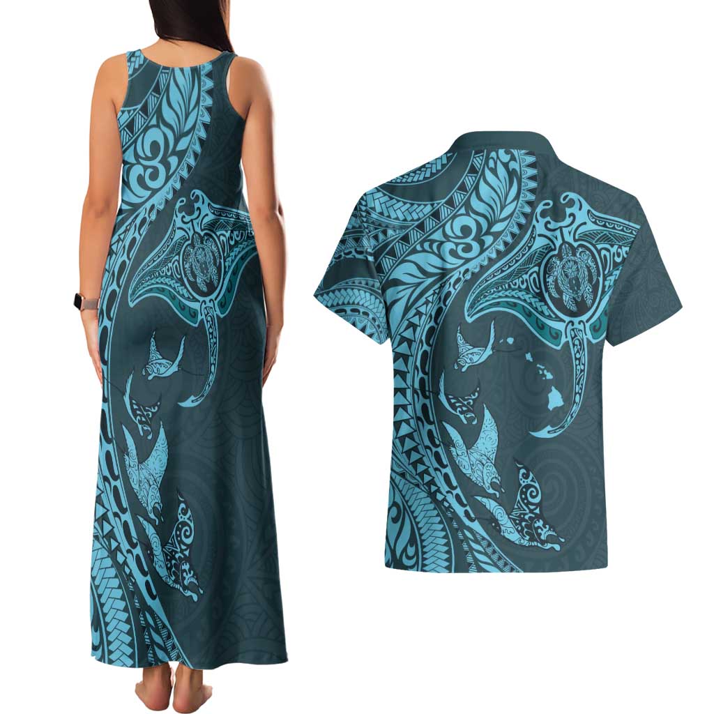 Hawaiian Manta Ray and Polynesian Tribal Tattoo Couples Matching Tank Maxi Dress and Hawaiian Shirt Turquoise Color LT03
