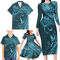 Hawaiian Manta Ray and Polynesian Tribal Tattoo Family Matching Long Sleeve Bodycon Dress and Hawaiian Shirt Turquoise Color LT03 - Polynesian Pride