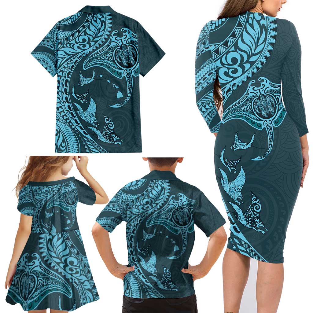 Hawaiian Manta Ray and Polynesian Tribal Tattoo Family Matching Long Sleeve Bodycon Dress and Hawaiian Shirt Turquoise Color LT03 - Polynesian Pride