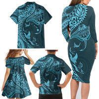 Hawaiian Manta Ray and Polynesian Tribal Tattoo Family Matching Long Sleeve Bodycon Dress and Hawaiian Shirt Turquoise Color LT03 - Polynesian Pride
